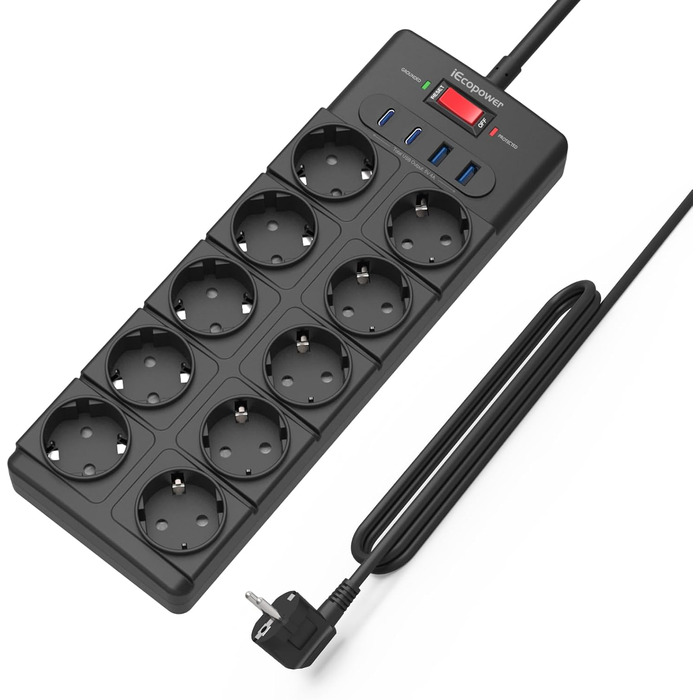 Многорозетка IECOPOWER з USB (PD 20W), захистом від перенапруги, 4000W/16A, 1050 Дж, 2 м, з вимикачем, чорна