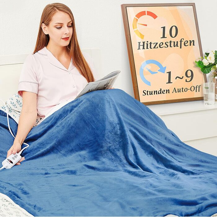 Електрична тепла ковдра Mia&Coco з автовимкненням, 10 температурних режимів, таймер до 9 годин, захист від перегріву, фланель, 180x130 см, блакитна