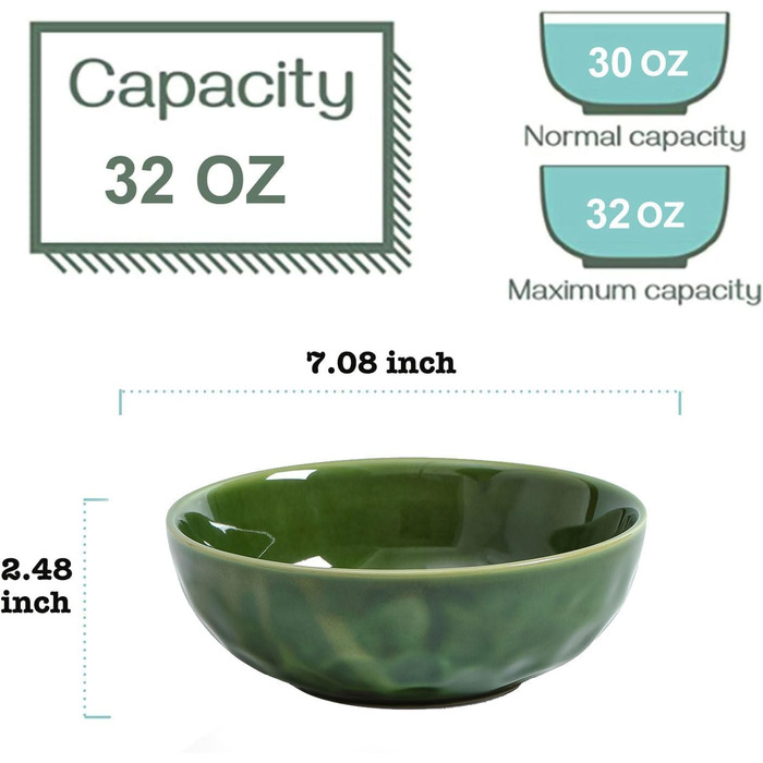 Набір тарілок для мюслі Vicrays (6 шт.) з порцеляни, об'єм 940 мл, набір тарілок та мисок, салатник з кераміки, супові тарілки, підходить для мікрохвильової печі та посудомийної машини (зелений)