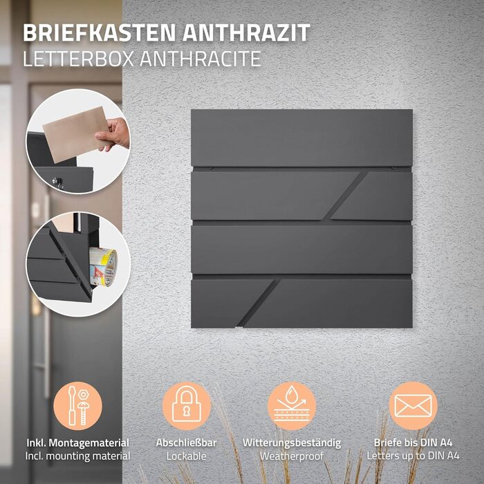 Поштовий ящик настінний ECD Germany з газетницею, антрацит, 37x11x37 см, нержавіюча сталь з порошковим покриттям, 2 ключі, комплект кріплення, сучасний дизайн