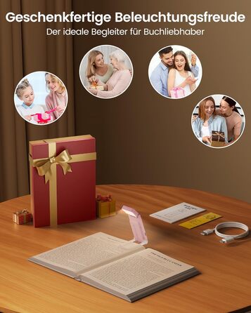 Світлодіодна кліпса для читання Glocusent 12 LED з затискачем, рожева: лампа для книги в ліжко, 5 кольорів, 5 рівнів яскравості, 100 годин роботи, для дітей та любителів читати