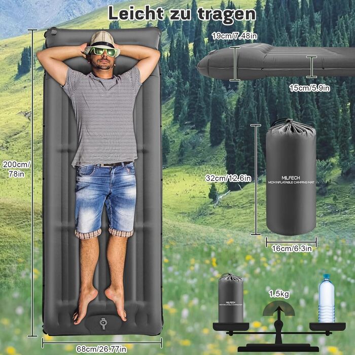 MILFECH Килимок для кемпінгу самонадувний, 14 см, з інтегрованими подушками та насосом для ніг, ультралегкий, водонепроникний, для відпочинку на природі, туризму, зелений (сірий)