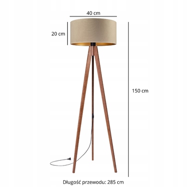 Підлогова торшерна лампа на дерев'яному тринозі (горіх) з велюровим абажуром бежево-золотистого кольору