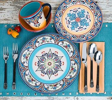 Набір посуду Euro Ceramica Zanzibar Collection, 16 предметів, для кухні та їдальні, на 4 особи, з іспанським квітковим візерунком, блакитно-жовтий посудовий набір