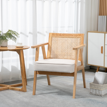 HOMCOM Armchair Living Room Relaxer with Armrests, Seat Cushion, Lounger with Rattan Backrest, Reading Chair with Linen Look, Wooden Frame, Upholstered Armchair for Bedroom in Cream | Aosom