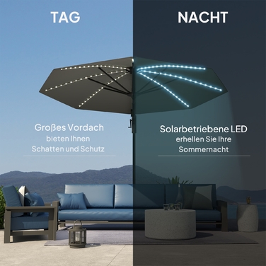 Сонячний парасоль з алюмінію Outsunny з LED-підсвіткою, сонячний, Ø300см, регульована висота, парасоль з ручним підйомом, стійка, SPF 50+, водовідштовхувальний, 360° обертання, торговельний парасоль, регульований нахил, садовий парасоль, захист від сонця 