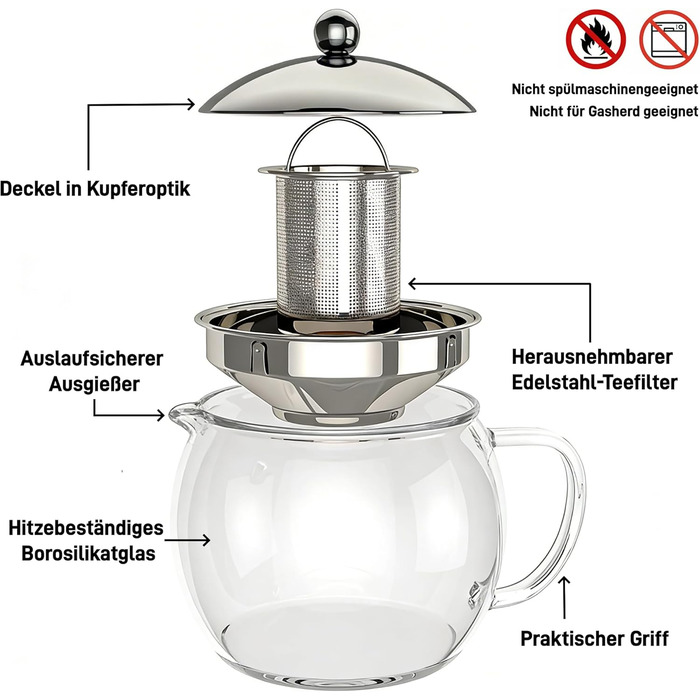 Скляний чайник Teekanne 1,5 л з ситом із нержавіючої сталі та кришкою, заварник із боросилікатного скла для листового чаю, сріблястий