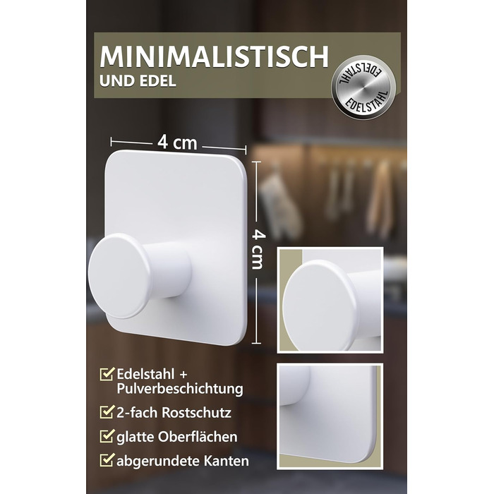 Набір гачків для рушників 4smile (6 шт.) без свердління, білий - самоклеючі гачки для ванної кімнати, сучасний дизайн