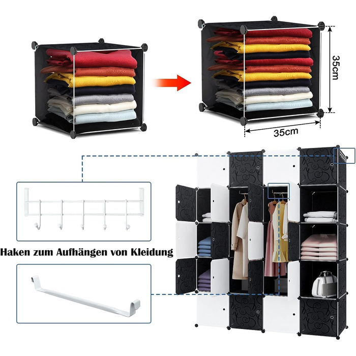 HENGMEI DIY Closet Wardrobe Storage Rack Shelf System 12-Cube Organization System Shoe Rack Closet with Door (Black) (20 Boxes)