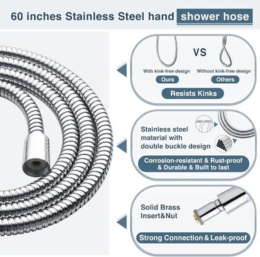 BRIGHT SHOWERS Double Shower Head Combo Set, Handheld Shower Head, Rain Shower Head, Combo with Black Face, 152.4 cm Stainless Steel Shower Hose, Chrome