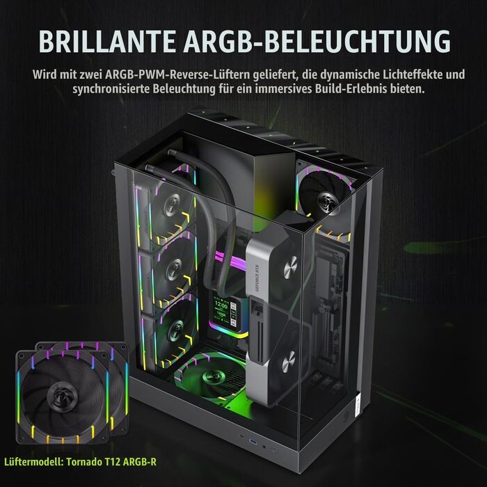 Ігровий корпус GAMEMAX T20 BK M-ATX, панорамне загартоване скло 270°, вертикальна установка GPU, 2x120мм ARGB вентилятори, підтримка 360мм радіатора та SFX/SFX-L БЖ, BTF-Ready, чорний