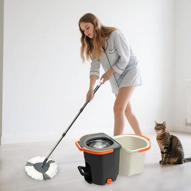 Набір для миття підлоги з відром, моп з функцією віджиму, складне відро з педаллю та 2-камерним відром, повний набір з 3 мікрофібрових насадок для ламінату, паркету та плитки (темно-сірий)