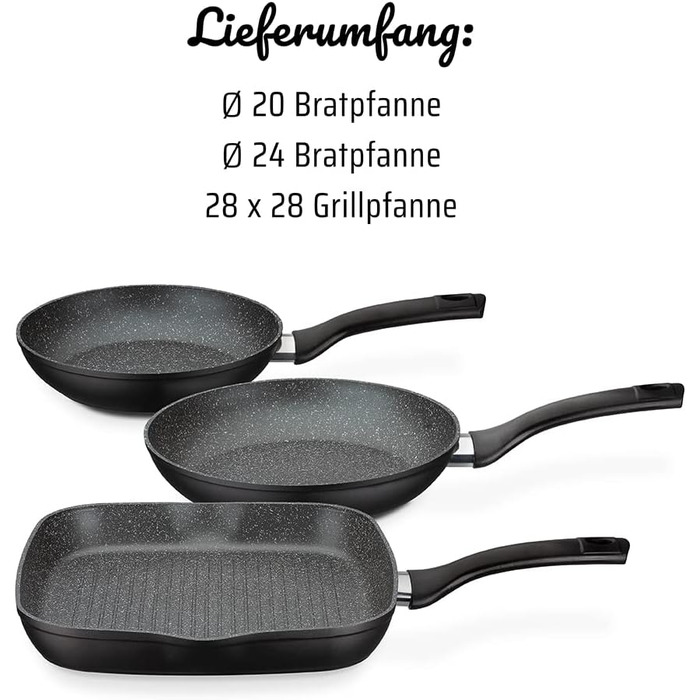 Набір сковорідок GSW Gourmet Granit, 3 штуки, алюміній з антипригарним покриттям, для індукції, чорний