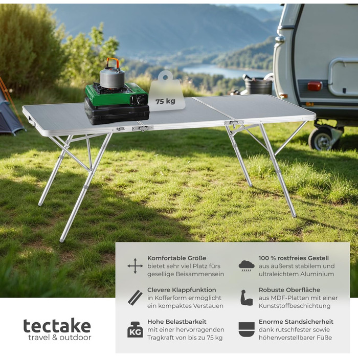 Складний алюмінієвий стіл Tectake для кемпінгу, саду та тераси 180x70x70.5 см, вологостійкий