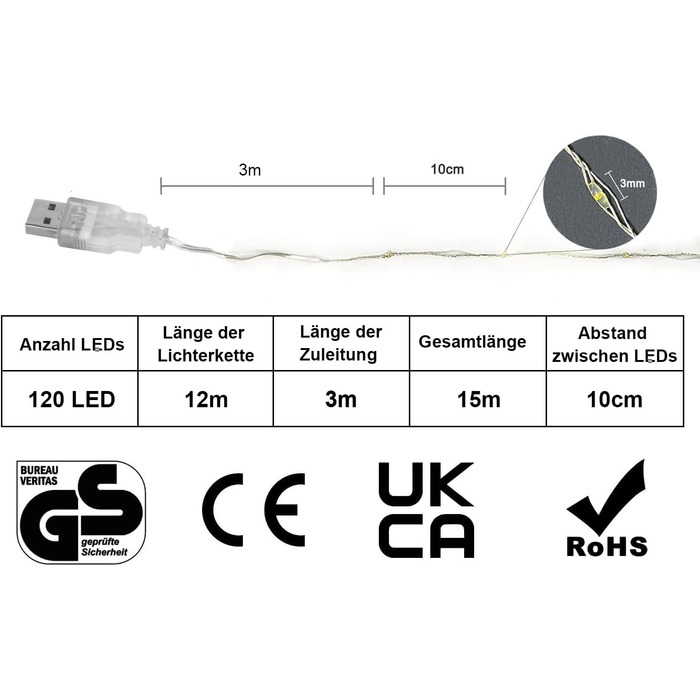 Льо́нточна світлодіодна гірлянда Gresonic 200/300 LED, струможиви́вна, для внутрішнього та зовнішнього використання, тепле біле світло