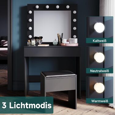 Туалетний столик SONNI з LED-підсвіткою, дзеркалом HD, 3 кольори, 10 рівнів яскравості, з шухлядами, чорний, 80x40x140 см – косметичний стіл для спальні