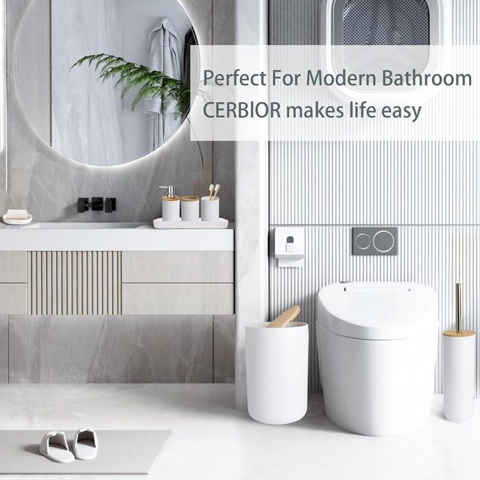 CERBIOR Набір аксесуарів для ванної кімнати з бамбука, 6 предметів: мильниця, тримач для зубних щіток, стакан для ополіскування, дозатор для лосьйону, флакон, сміттєвий контейнер, щітка для унітазу, білий