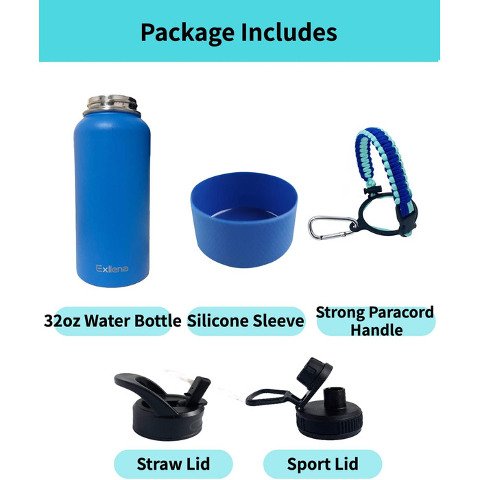 2L Stainless Steel Water Bottle with Straw, Double-Insulated 2 Liter Water Bottle with Two Lids and Protective Silicone Boot, Paracord Handle for Easy Carrying - (2000 ml, Blue)