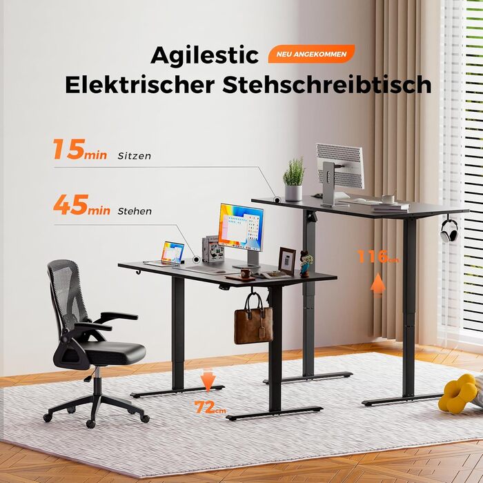 Регульований за висотою стіл Agilestic: електричний, з пам'яттю, ергономічний, 120x80 см, білий/чорний