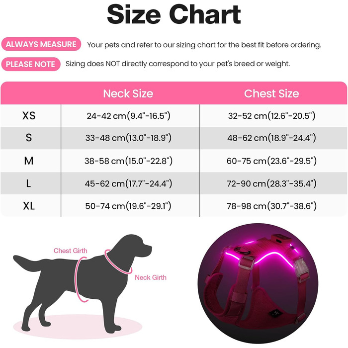 Світловідбиваючий нашийник для собак великих порід з LED-підсвічуванням, акумуляторний, регульований, 3 режими освітлення, висока видимість (Рожевий, Large)