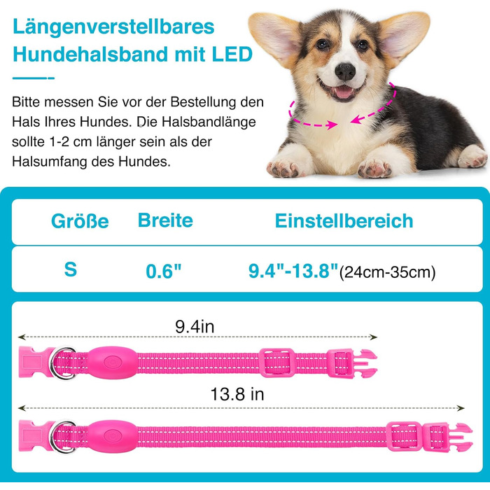 LED-ошийник для собак, перезарядна USB, водонепроникний, яскравий, регульований, для середніх та великих собак (зелений, рожевий)