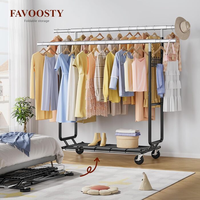 Стійка для одягу на колесах FAVOOOSTY, металева, мобільна, до 200 кг, чорна, 2 стяжки