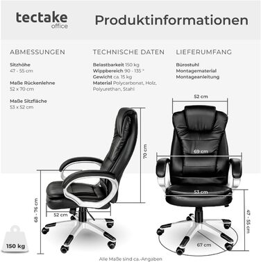 Офісне крісло tectake - ергономічний кухонний стілець з високою спинкою, регульована висота, поворотний, з механізмом гойдання, чорний (400578)