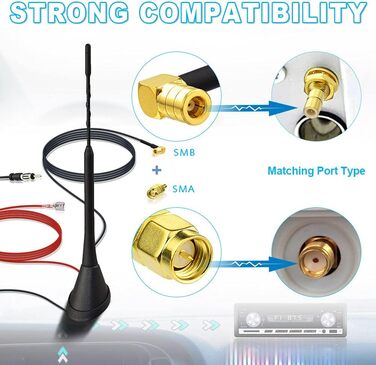 Активна автомобільна антена Eightwood DAB/DAB+, FM/AM, з підсилювачем, дахова, з SMB/SMA штекером і DIN адаптером, сплітер, 5 м кабель