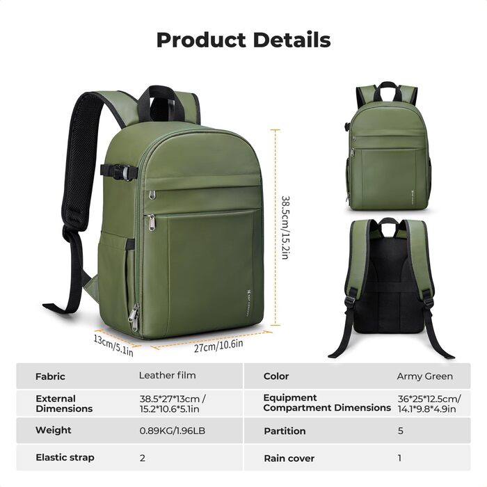 Рюкзак для камери K&F CONCEPT: компактний, легкий, з захистом від дощу, для DSLR/SLR, зелений, з імітацією шкіри