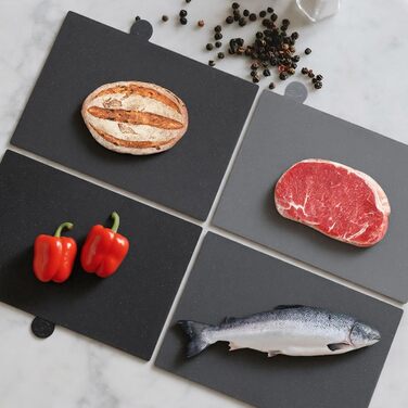 Набір обробних дощок MASTERTOP, 4 шт. з підставкою, індексовані, придатні для миття в посудомийній машині, великі кухонні дошки для риби, м'яса, овочів, фруктів