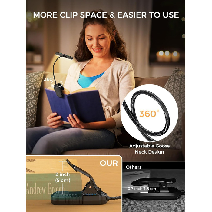 Ліхтарик для читання Smiling Shark LED, USB, 1200 mAh, 3 режими кольору, 6 режимів яскравості, гнучкий, з кліпсою та датчиком, індикатор батареї