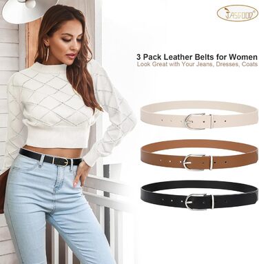 Жіночий шкіряний ремінь JasGood для джинсів, штанів, суконь з золотою пряжкою, чорний+коричневий+бежевий (срібна пряжка), розмір регулюється 66-82 см
