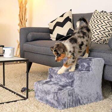 Lionto Pet Staircase with Plush Cover, 46x36x40 cm, sturdy dog stairs with low 10cm step height, gentle on joints, removable & washable cover, stairs can hold up to 50 kg, (Light Grey)