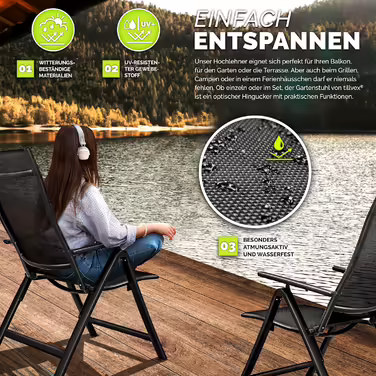 tillvex Premium Garden Chair 1 Piece Folding Aluminum | High Back with Armrests | Adjustable Folding Chair | Folding Armchair Balcony Garden Terrace 1 Piece (Black, 2 Pieces)