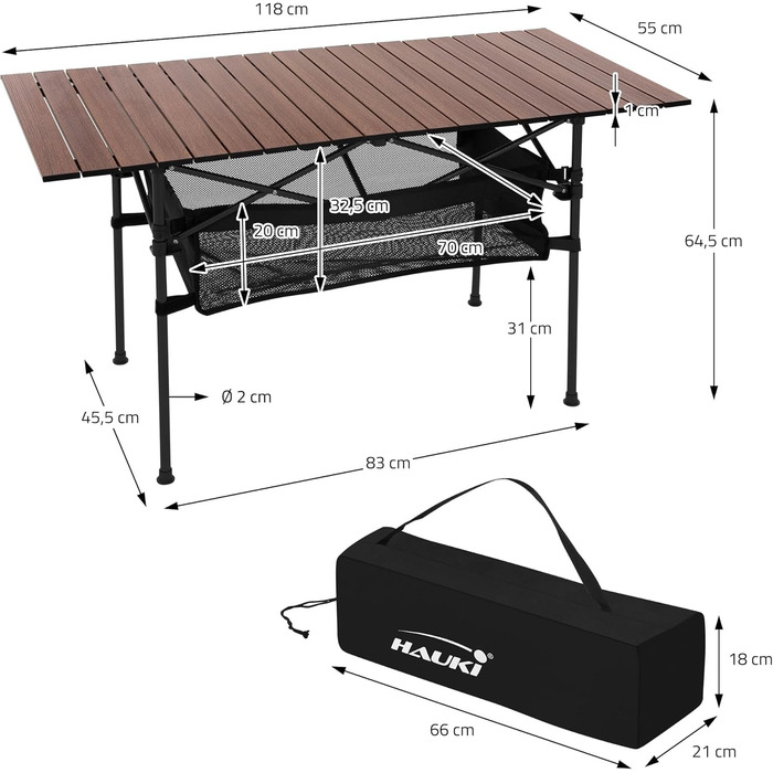 Стіл для кемпінгу Hauki, розкладний, коричневий, 118 x 55 x 64,5 см, алюмінієвий, з мотузковою поверхнею, для відпочинку, саду, балкону, подорожей, ринку, з сумкою, колір: коричневий (темне дерево)