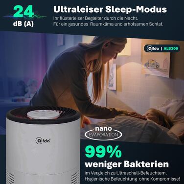 Зволожувач повітря ALB300 – тихий, для спальні та дитячої кімнати до 44 м², холодним випаровуванням, з антибактеріальним фільтром, авторежим з датчиком, нічник, бак 2,8 л, енергозберігаючий