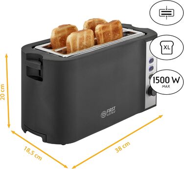 Тостер TZS First Austria 4-х секційний з довгим прорізом | 6 ступенів підсмажування, функція розморожування та підігріву | Підігрівач булочок, піддон для крихт | Чорний/Нержавіюча сталь
