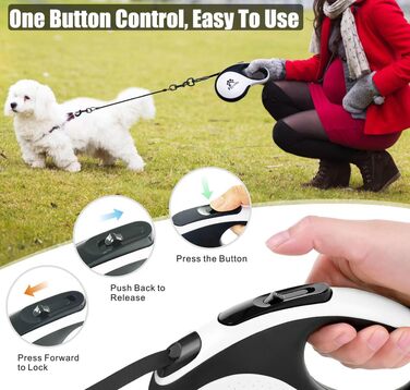 Висувна поводок для собак, 5 м, з ланцюгом, для 2 собак, витягуваний поводок для середніх та великих собак до 50 кг, білий та чорний