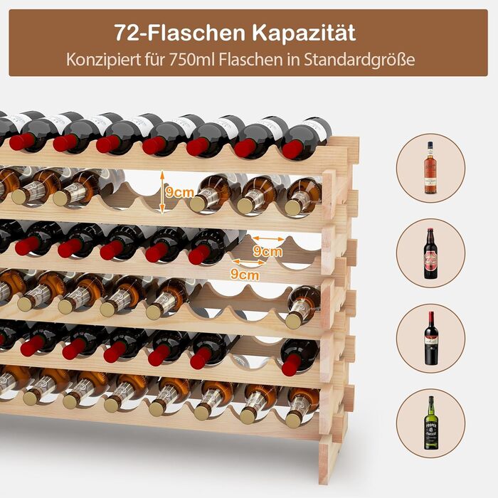 GIANTEX Stackable Wine Rack, Wooden Bottle Rack for 72 Bottles, Wine Cabinet Wine Stand with 6 Tiers, Modular Bottle Holder for Kitchen Bar, Wooden Shelf 119 x 29 x 72 cm, Natural Wood Color
