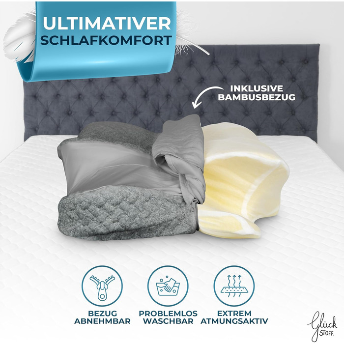 Наволочка для ортопедичної подушки Glückstoff® з ефектом охолодження та підігріву | Бамбукова тканина та спандекс | М'яка та приємна на дотик | Замінна наволочка | Сіра | Версія Ergo Grau