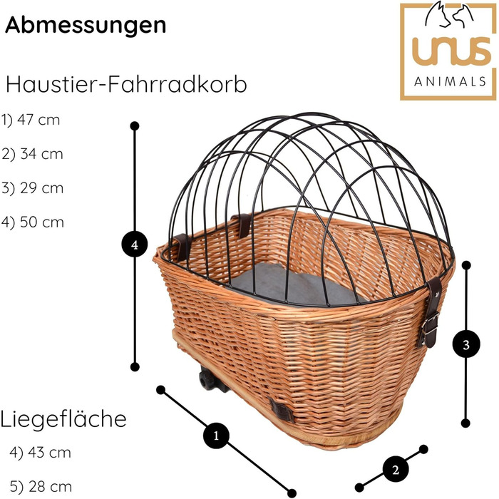 Кошик для велосипеда UNUS для собак, сірий: міцний плетений кошик з гратами та подушкою для багажника велосипеда