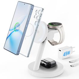 Магнітна індукційна зарядна станція 4 в 1 JoyGeek Qi2.2 25W для Samsung Galaxy S26/S25 Ultra, Z Fold/Flip 8, Galaxy Watch 8-5 Ultra та Buds 4-3 Pro, біла