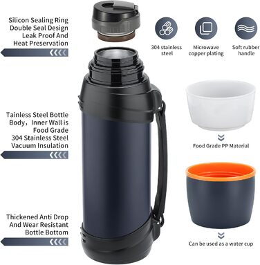 2.5L Thermos Flask/Thermos Jar, Stainless Steel Insulated Flask/Drinking Bottle, Insulated Flask with 2 Drinking Cups, Double-Walled Insulation Camping Water Bottle, 24h Hot & Cold (Dark Blue)