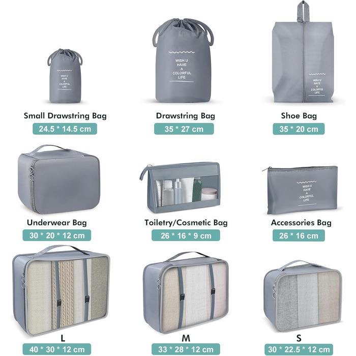 Органайзер для валізи OBSGUMU, набір 9 шт: кубики для пакування, сумки для подорожей, косметичка (сірий)