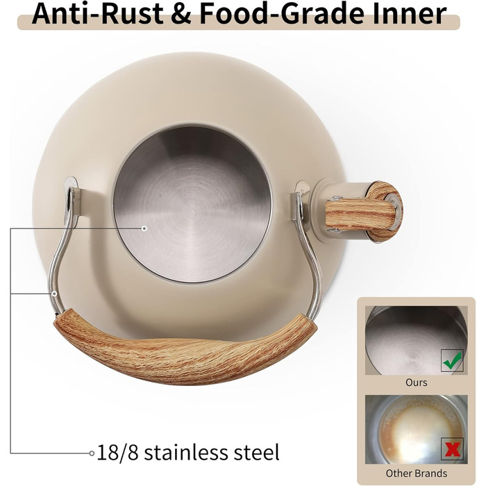 Чайник для плити LONFFERY 2.5 л з свистком, з нержавіючої сталі, з дерев'ястим декором, складаний ручка, кремово-білий