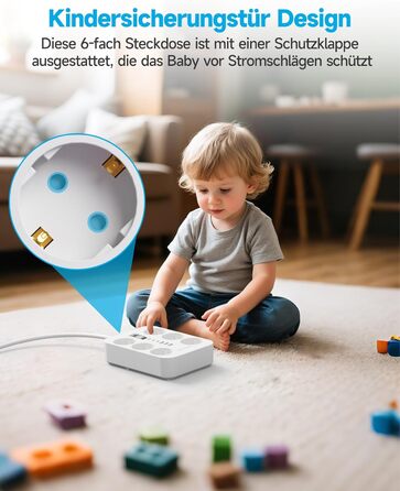 Мережевий фільтр 6-фазовий з USB (3 USB-A, 3 USB-C), з вимикачем та 2м кабелем, захист від перенапруги, чорний (2м білий)