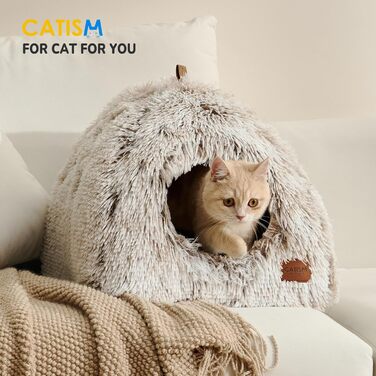 Cat Cave Cat Bed Cat House Cozy Cave 40x40cm Foldable Washable Comfortable Cat Sleeping Place for Cats Kittens Puppies with Removable Cat Head Pillow Beige (Coffee Brown-L)