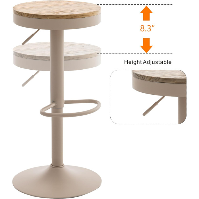 Kidol Adjustable Height Bar Stools 2-Pack - 360° Swivel, Round Wood Seat, Metal Frame - Kitchen/Bar/Living Room Stools