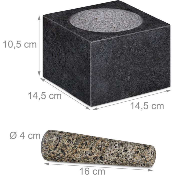 Ступка гранітна Relaxdays з товкачиком, 500 мл, для спецій та трав, полірована, темно-сіра (14,5x14,5 см)