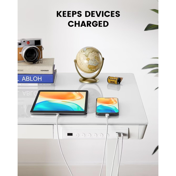 Електричний скляний стіл ErGear 120x60 см з регулюванням висоти, висувною шухлядою, для дому та офісу, біла скляна стільниця, білий каркас